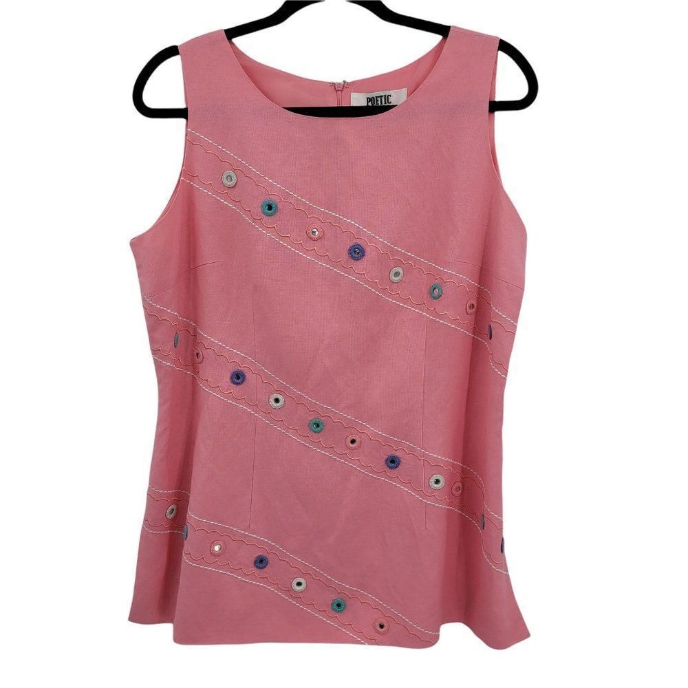 80's Poetic Whimsical‎ Embroidered Striped Sleeveless Scoop Neck Top Pink Sz 14